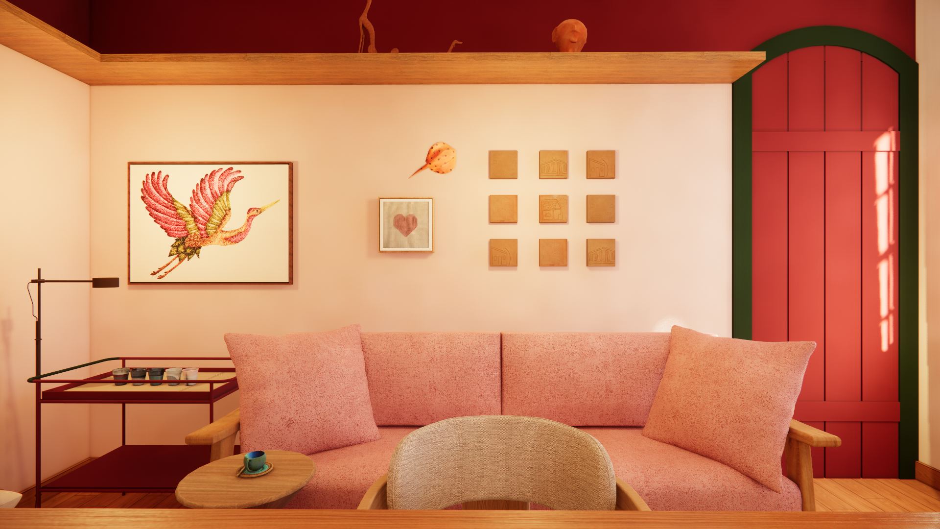 Pouso da Rita — sala de estar com sofá rosa e parede vermelha